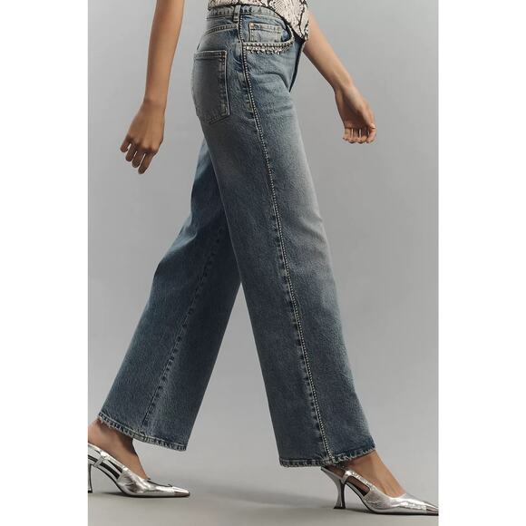 Anthropologie Pilcro Austyn High Rise Wide Leg Rhinestone Embellished Denim Jean - Picture 5 of 16